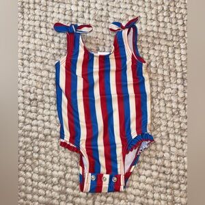 Cat & Jack Red, Blue, and Cream Striped Baby Swimsuit 1 piece 3-6 months Bows